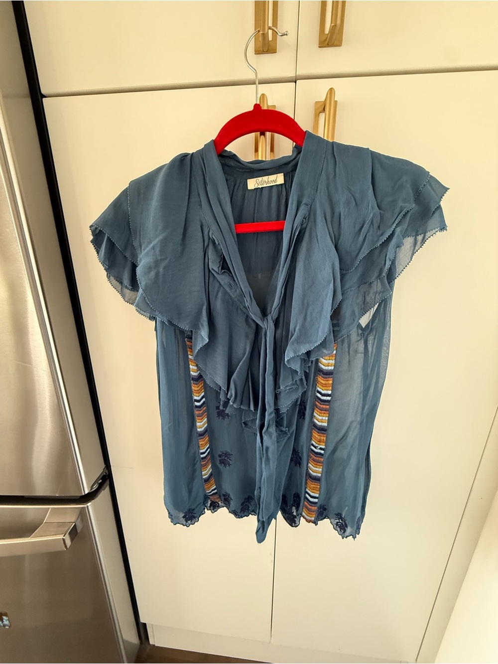 Slate Blue Ruffle Tie-Neck Blouse with Embroidered Trim